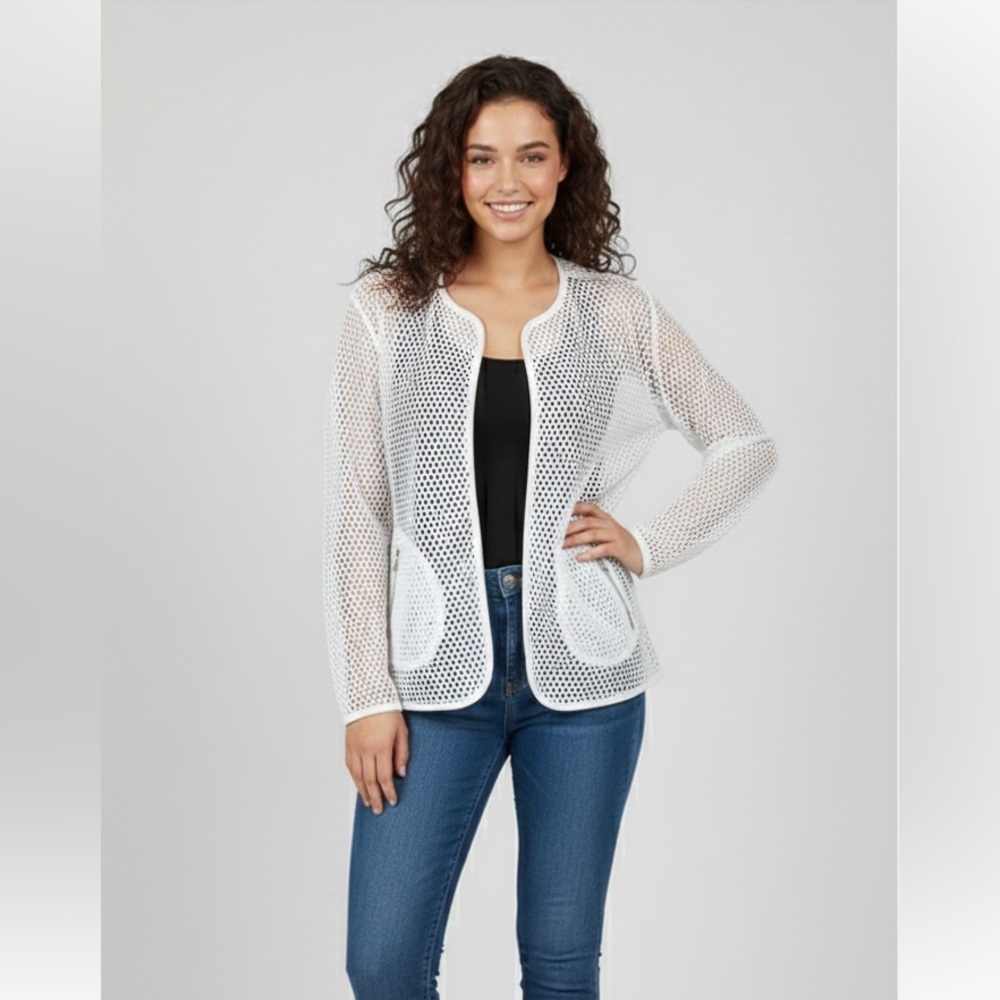 LAFAYETTE 148 Honeycomb Sheer Mesh Unlined Open Front Jacket Zip Pocket S White